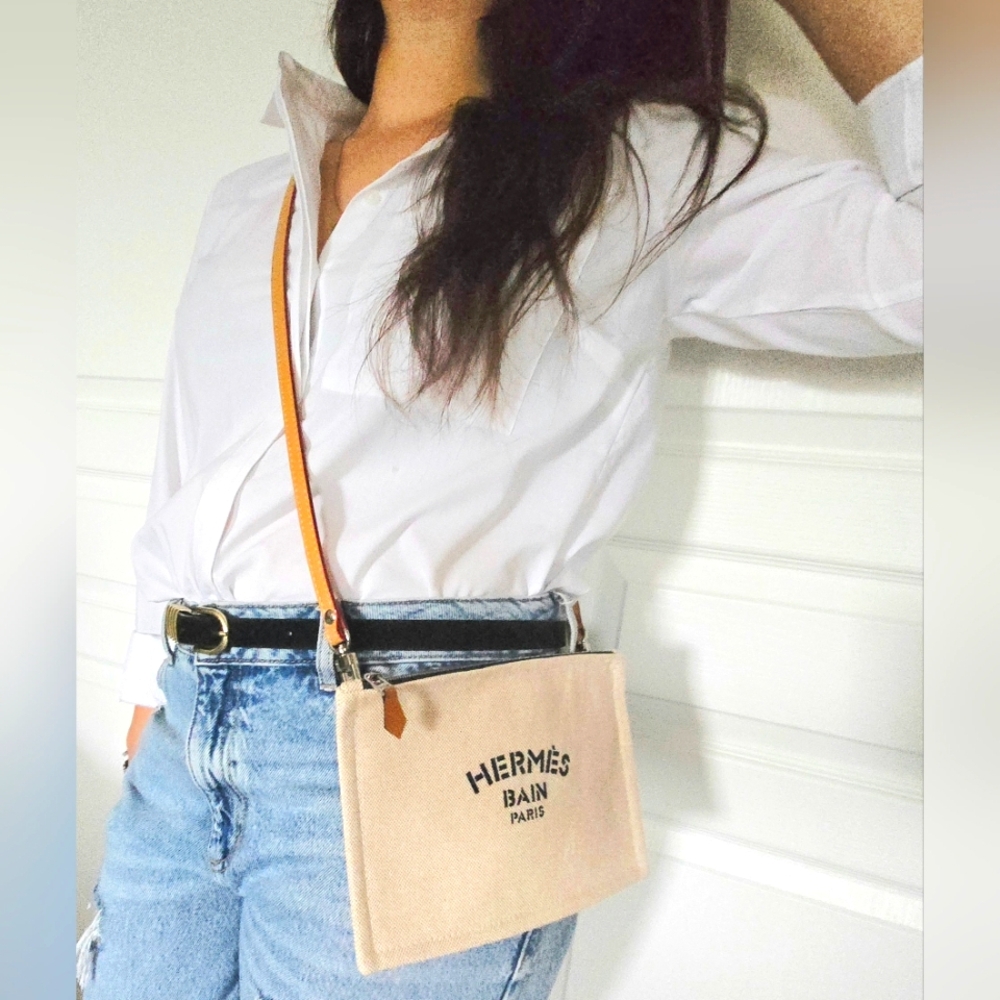Hermes Beige Canvas 'Hermes Bain' Crossbody with Orange Strap
